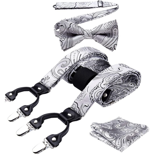 Hisdern Paisley Suspenders Pre-tied Bow Tie Set Silver Formal Accessories