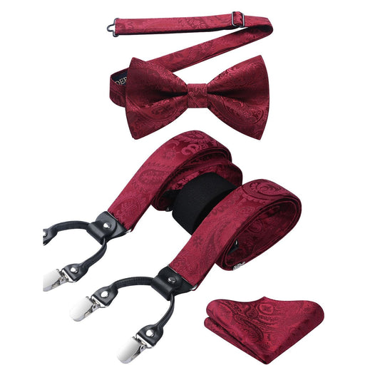 Hisdern Paisley Suspenders Pre-tied Bow Tie Set Maroon Formal Accessories
