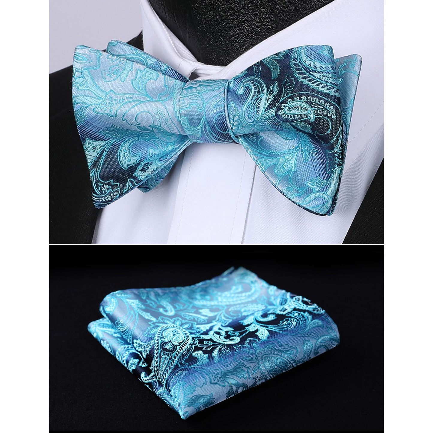 Hisdern Aqua Paisley Bow Tie Set For Evening Wear