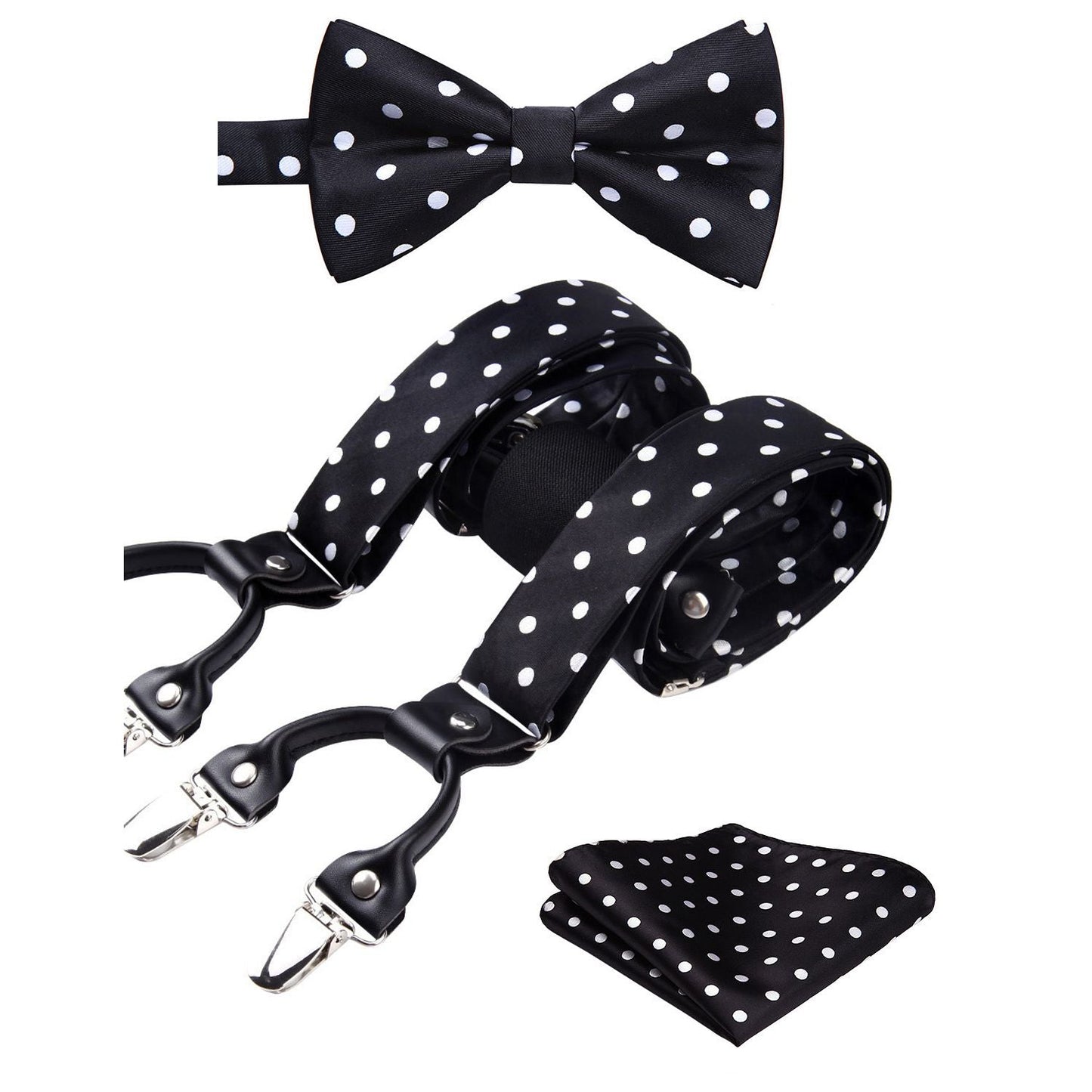 Hisdern Polka Dot Suspenders Pre-Tied Bow Tie Set Black Retro Outfit